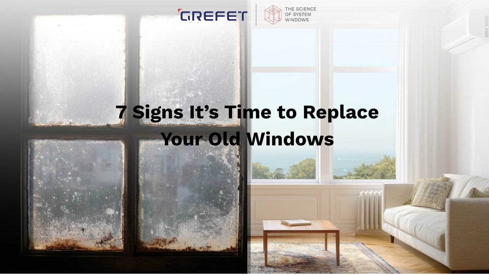 Before and after comparison of old vs new home windows with modern GREFET aluminum system