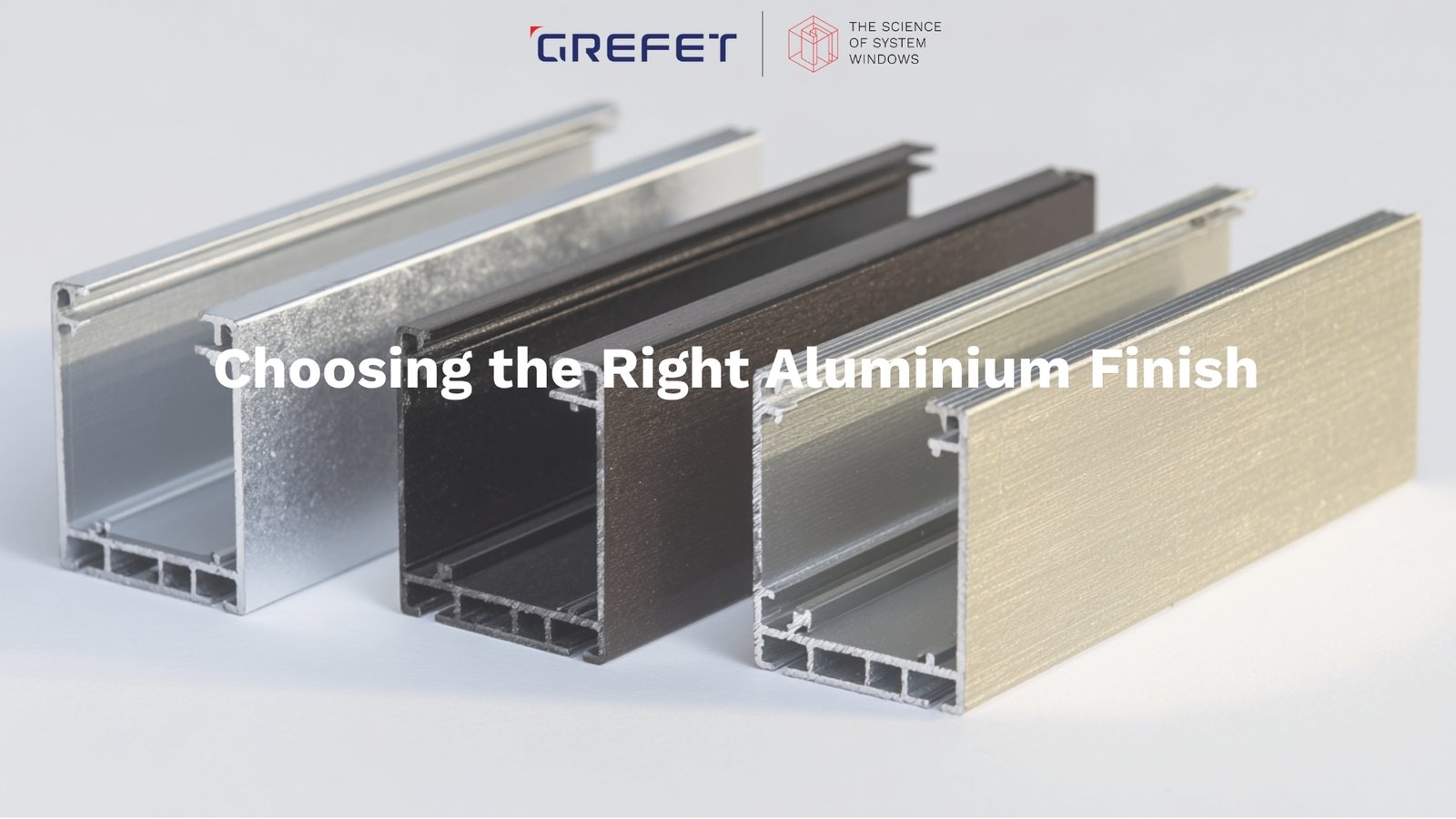 Aluminium profiles in mill finish, powder-coated, and anodized forms – GREFET systems ready for custom finishing.