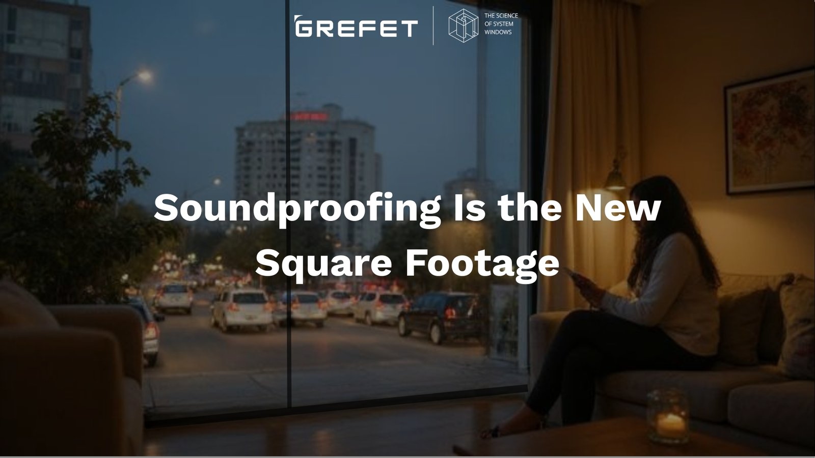 Modern apartment interior with soundproof aluminium sliding windows blocking city noise